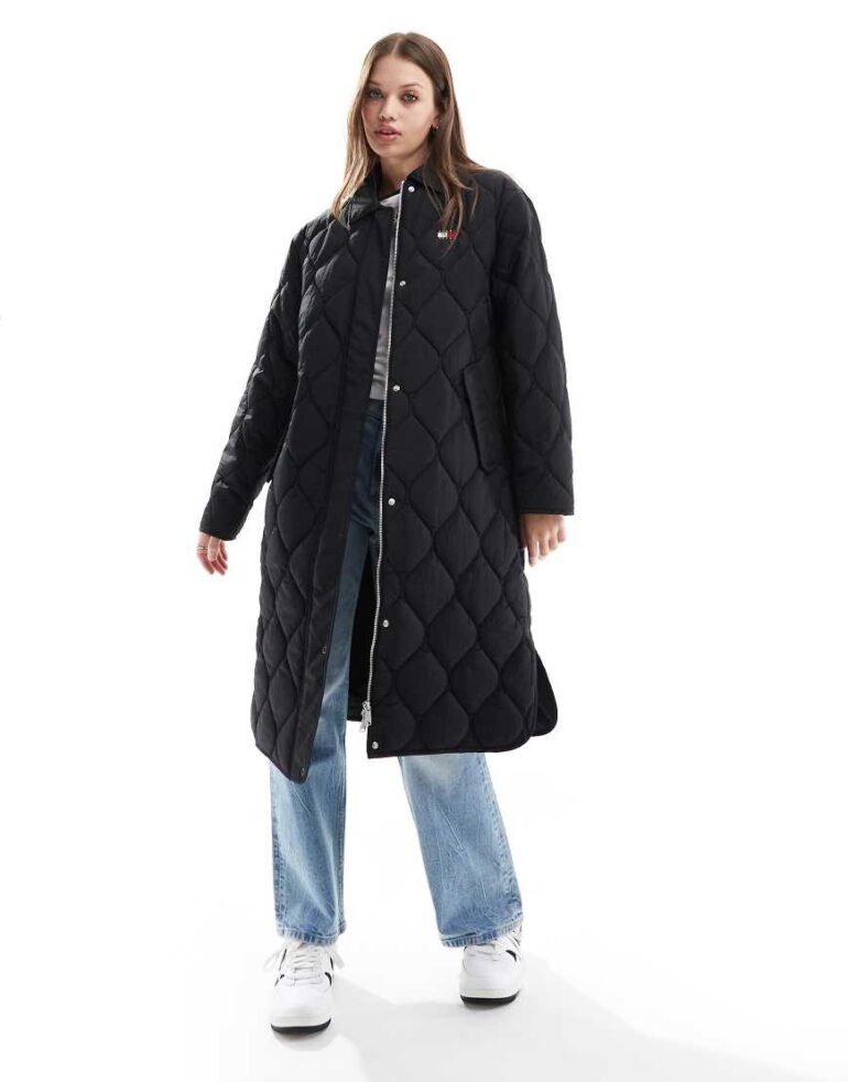 Tommy Jeans onion quilted long jacket in black