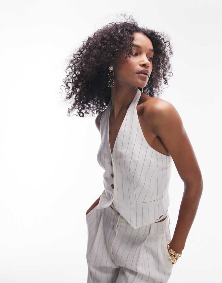 Topshop co-ord stripe linen halterneck waistcoat in cream-White