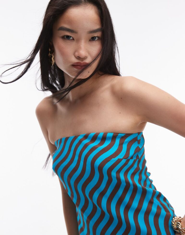 Topshop co-ord wiggle stripe bandeau top in turquoise and brown-Multi