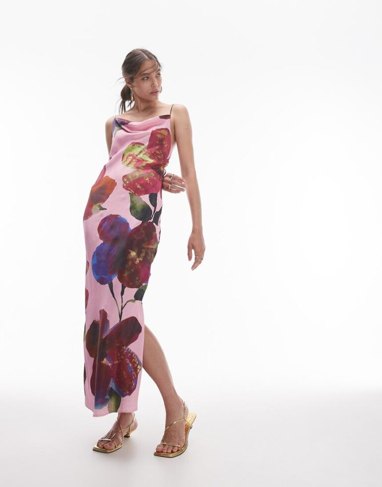 Topshop cowl neck scoop back midi dress in blurred floral-Multi