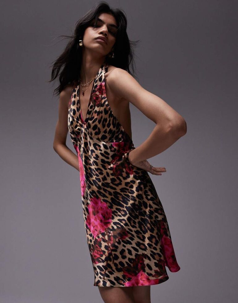 Topshop halter neck mini flippy dress in leopard rose-Multi