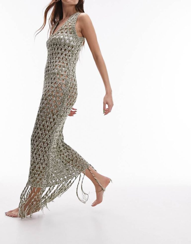 Topshop knitted maxi beach dress in khaki and cream-Multi