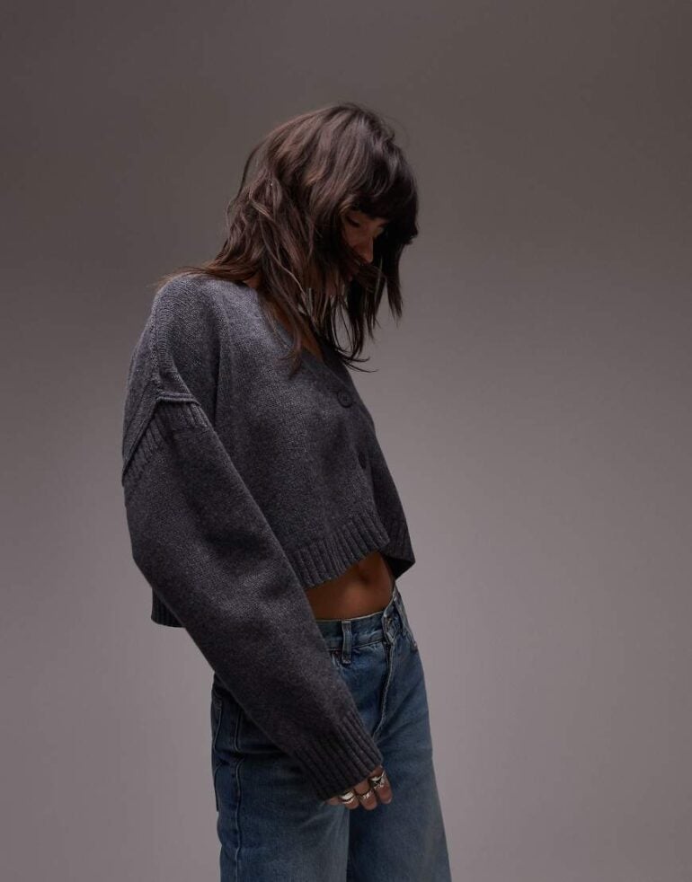 Topshop premium merino wool relaxed cardi in charcoal-Grey
