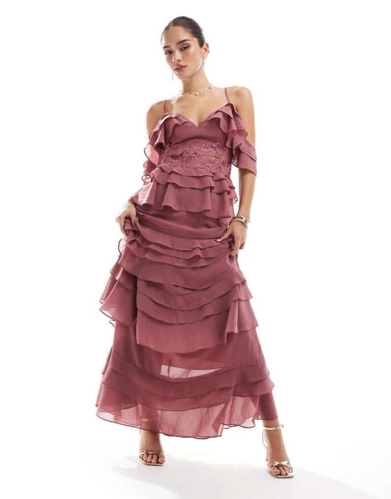 True Decadence Plunge front tiered ruffle maxi dress in rose-Pink