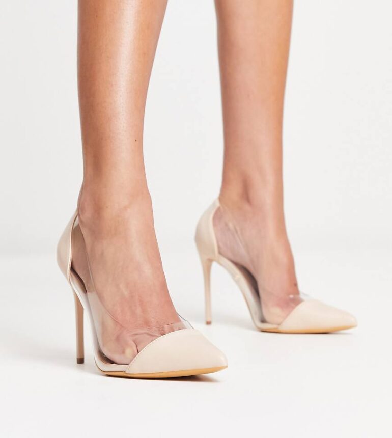 Truffle Collection Wide Fit pointed clear heeled shoes in beige-Neutral