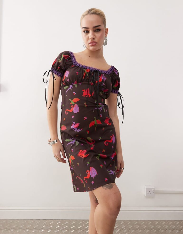Tyler McGillivary dragon print ribbon detail midi dress in brown