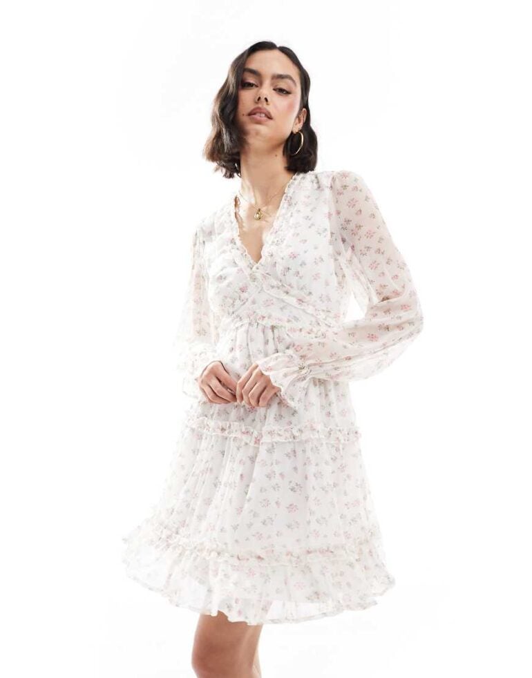 Vero Moda Smilla smock mini dress with ruffles in white ditsy print