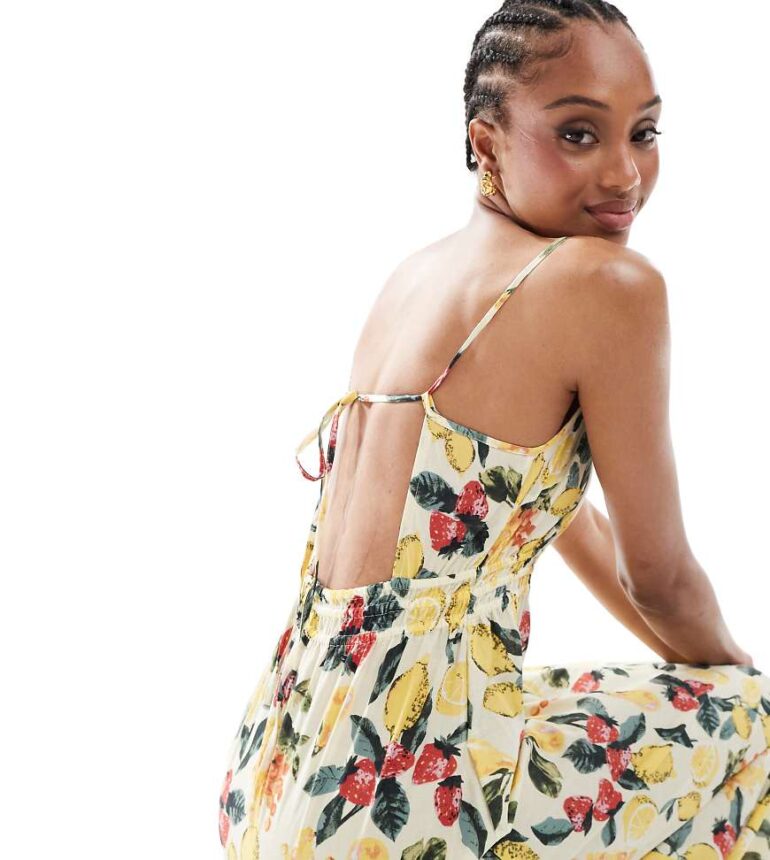 Vero Moda Tall cami maxi dress in summer fruit print-Yellow