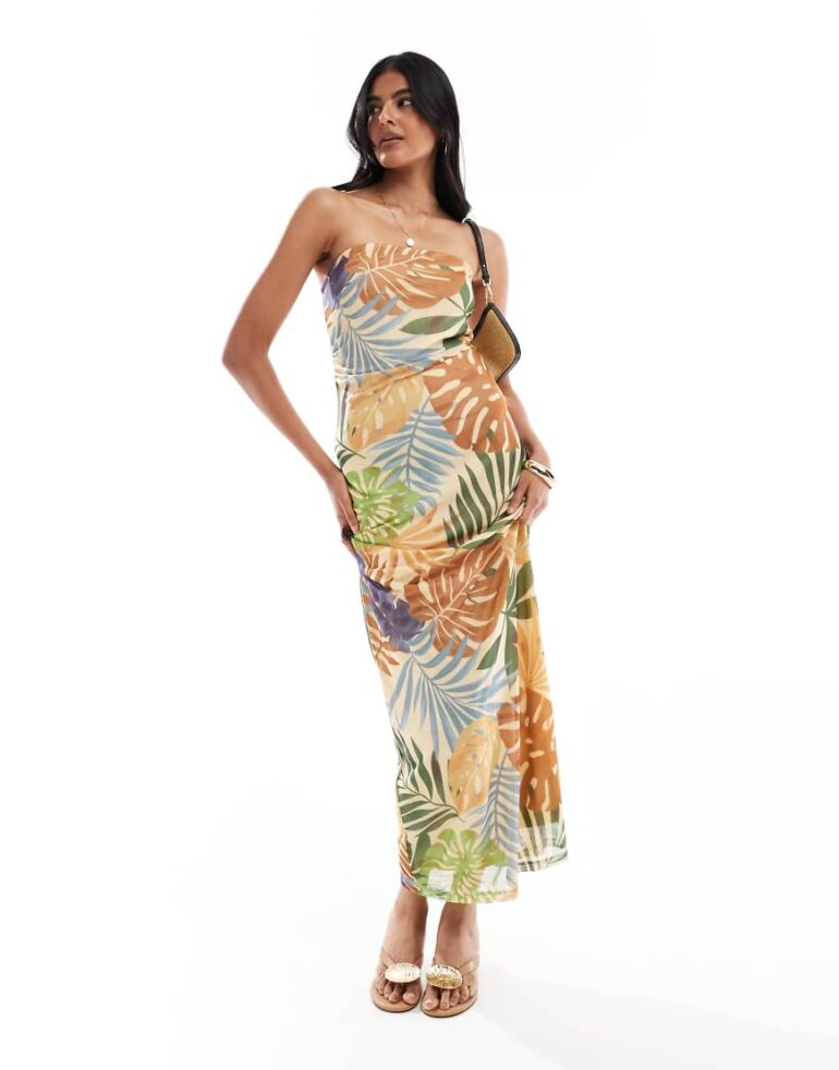 Vero Moda mesh bandeau maxi dress in tropical palm print-Multi