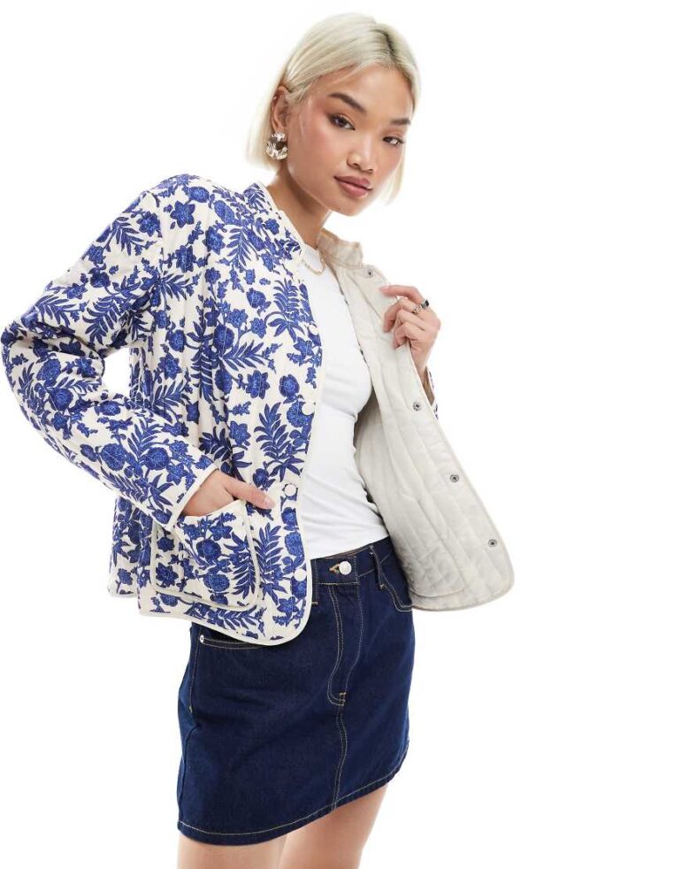Vero Moda quilted jacket in cream and blue floral print-Multi