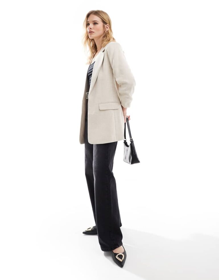 Vero Moda textured blazer with ruched sleeve in oatmeal-Neutral