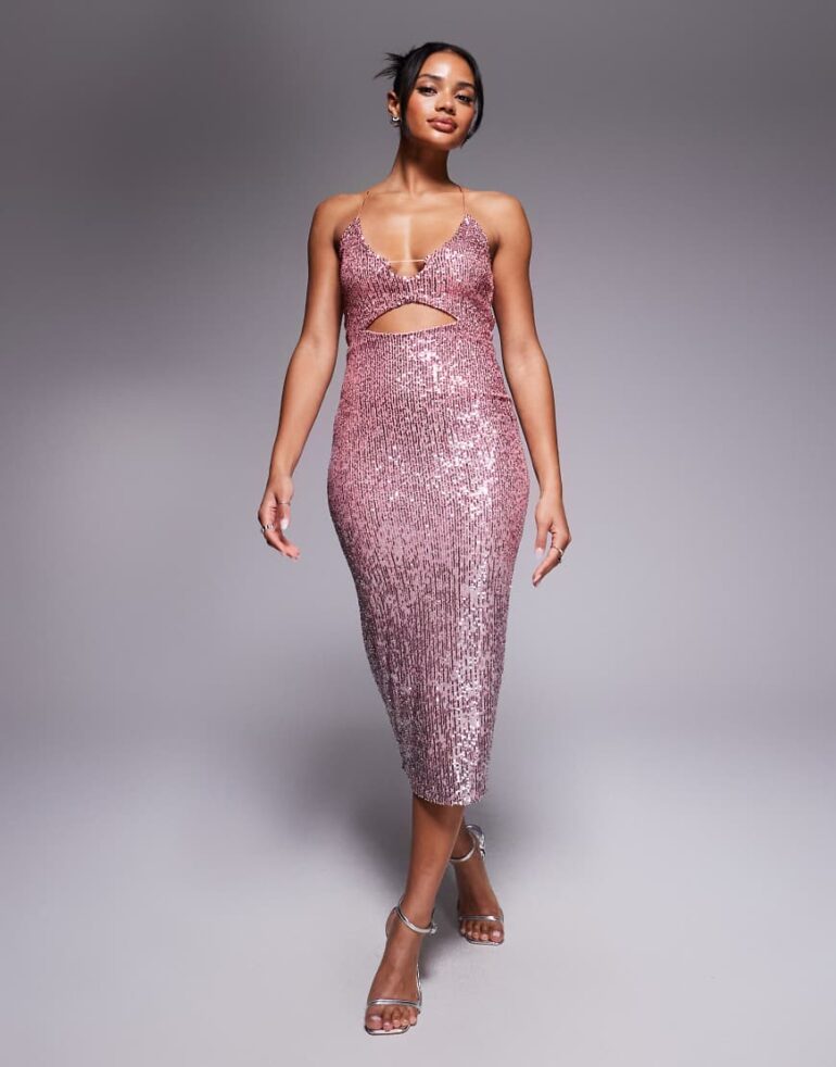 Vesper Strappy sequin midaxi dress in pink ombre