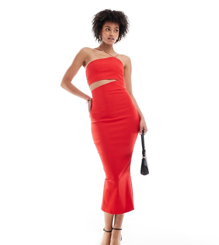 Vesper Tall bengaline asymmetric halterneck midi cut out dress in red