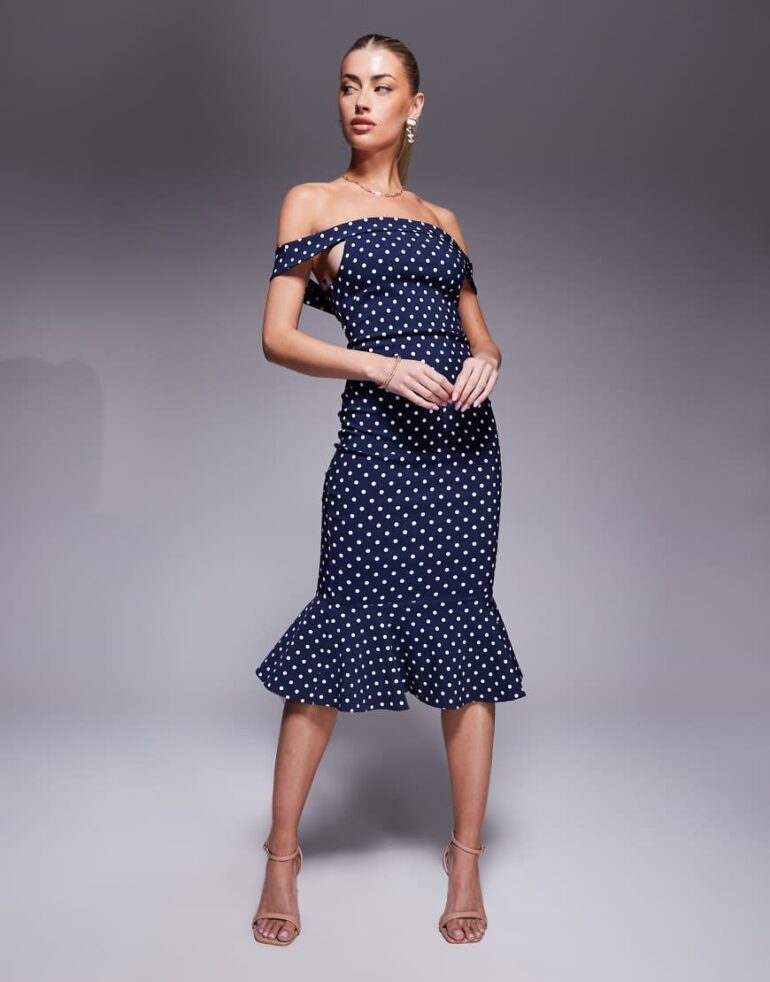 Vesper bardot frill hem midi dress in navy polka dot