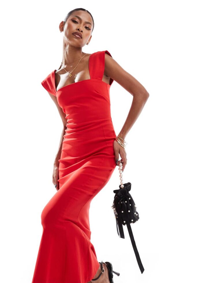 Vesper bengaline bardot cuff sleeve fishtail midaxi dress in red