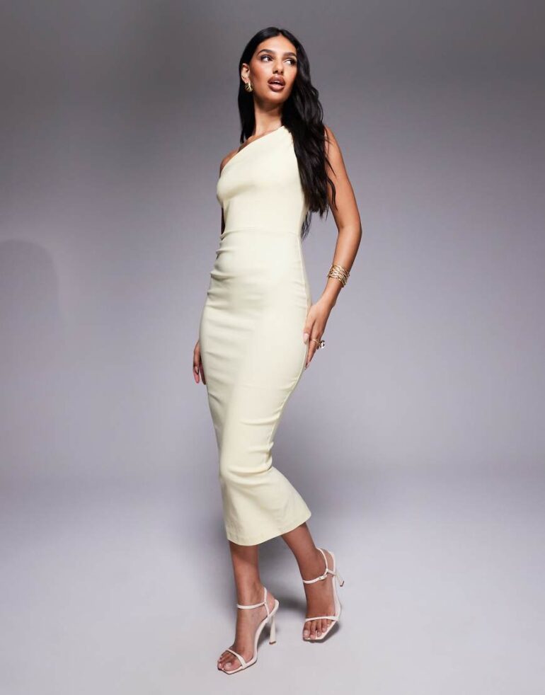 Vesper bengaline one shoulder strap bodycon midaxi dress in lemon-Yellow