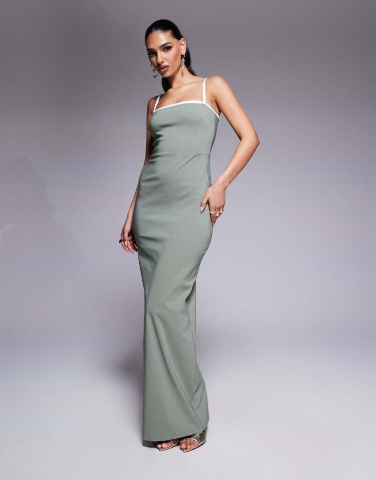 Vesper bengaline square neck contrast piping bodycon maxi dress in sage-Green