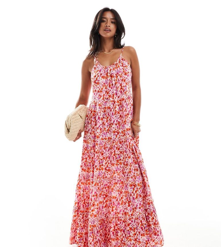 Vila Petite tiered maxi cami dress in pink floral print