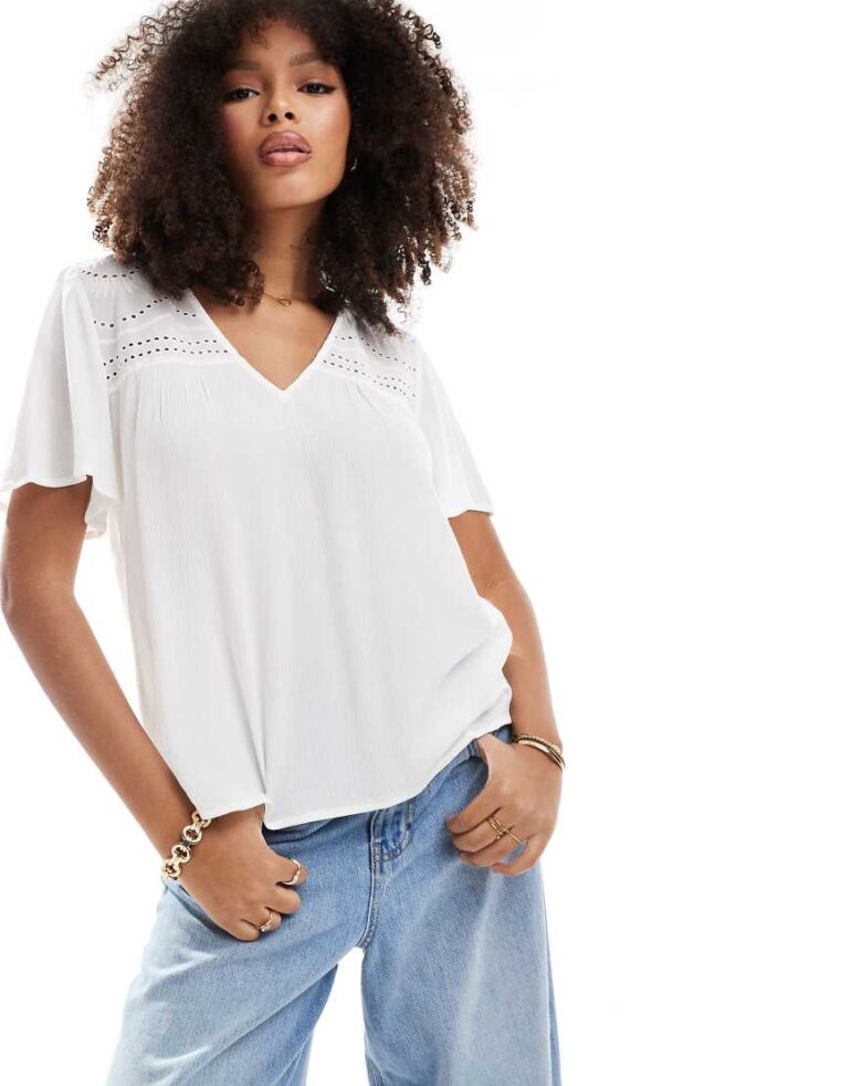 Vila broderie detail top with v neck in cream-Neutral
