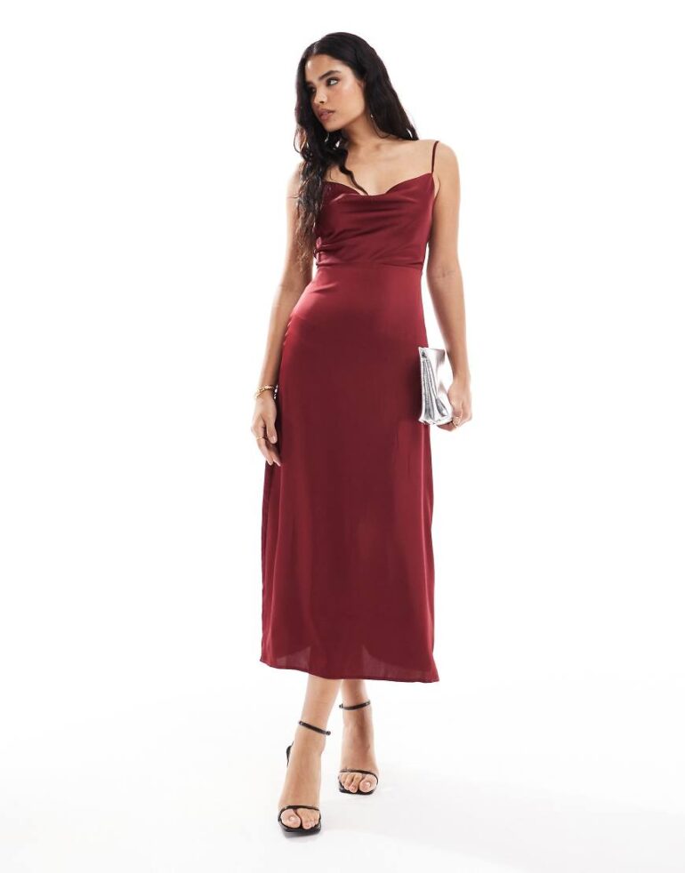 Vila satin cowl neck cami maxi dress in red