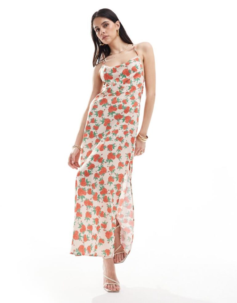 Vila satin low cowl back cami maxi dress in rose print-Pink