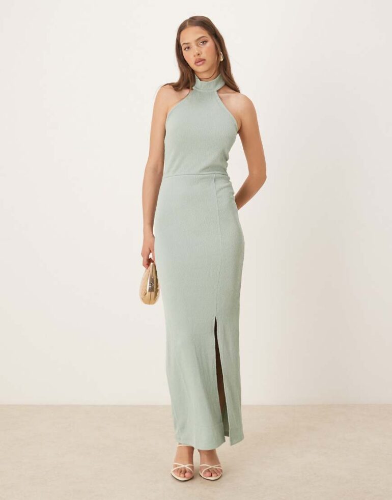 Vila textured jersey halter maxi dress in dusty green