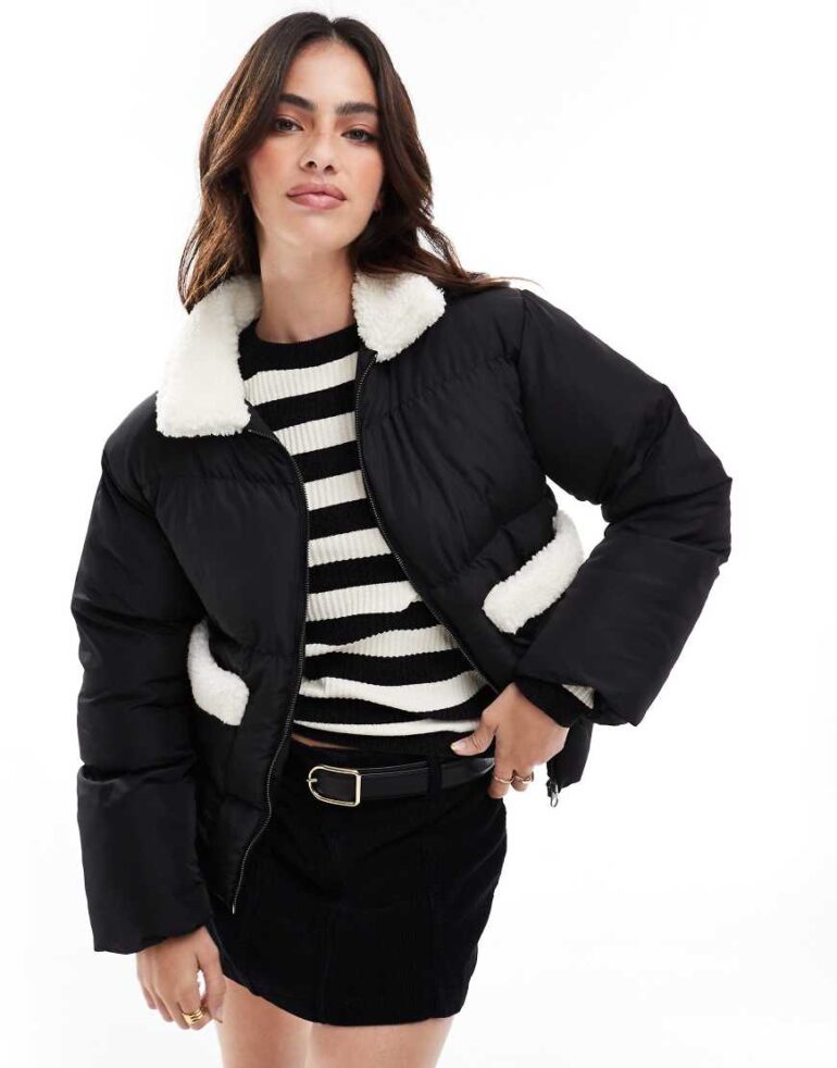 Wednesday's Girl borg collar and pocket edged puffer jacket in black and cream