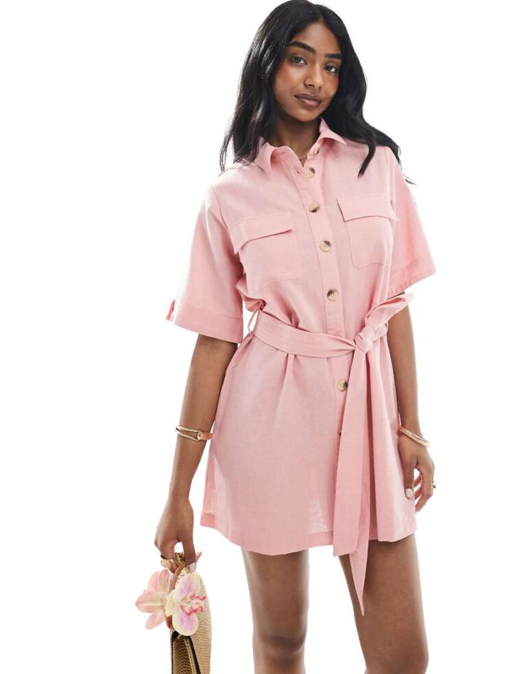 Wednesday's Girl button through mini shirt dress in dusty pink