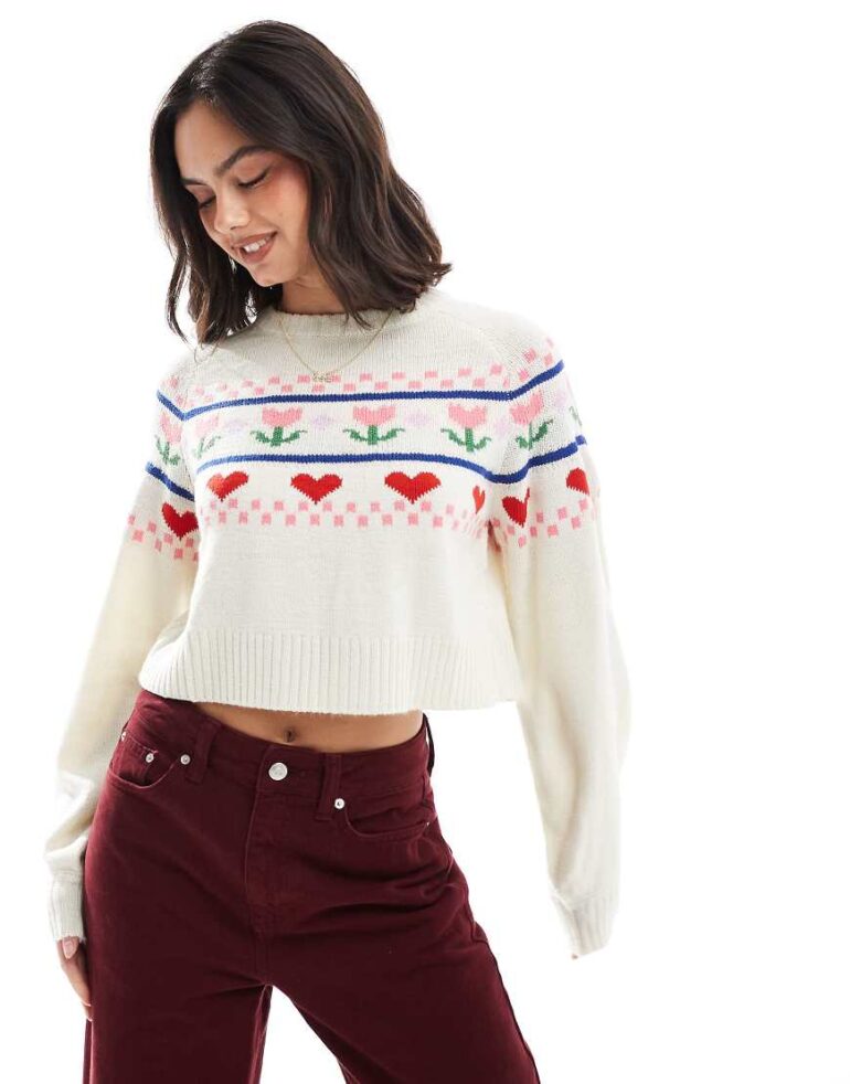 Wednesday's Girl heart flower intarsia fair isle jumper in cream multi-White