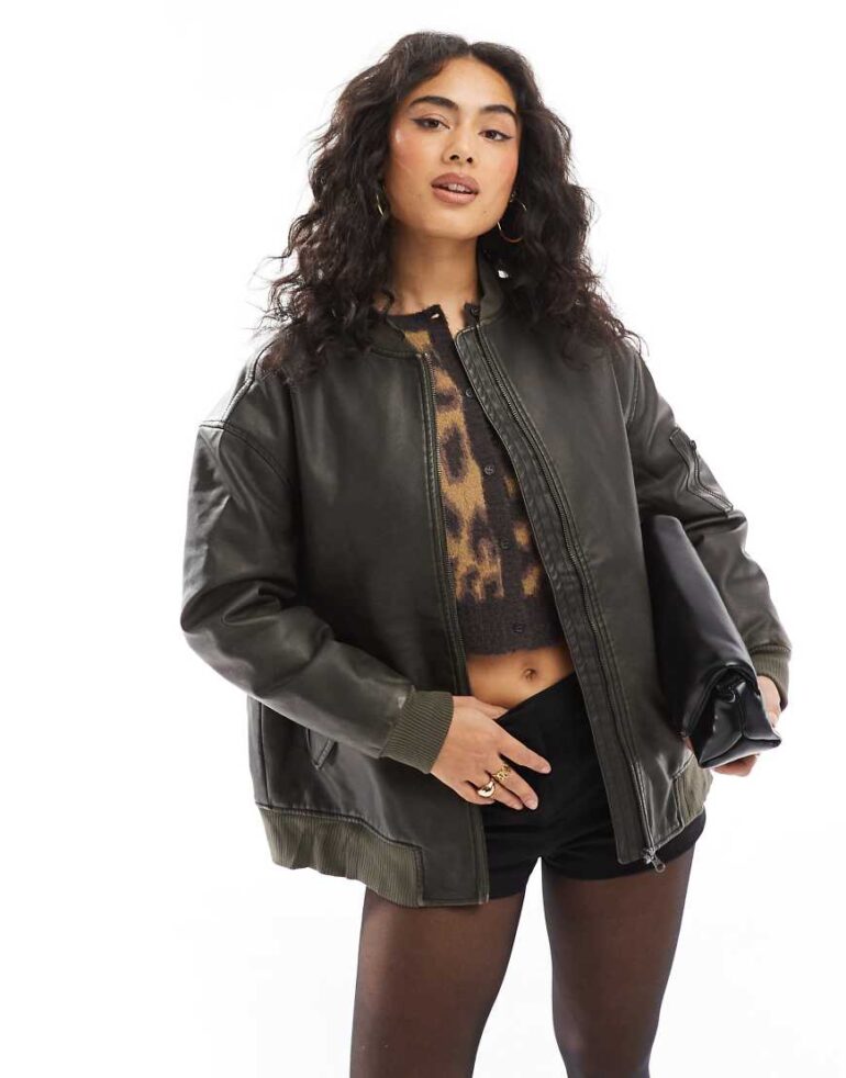 Wednesday's Girl longline faux leather bomber in washed khaki brown