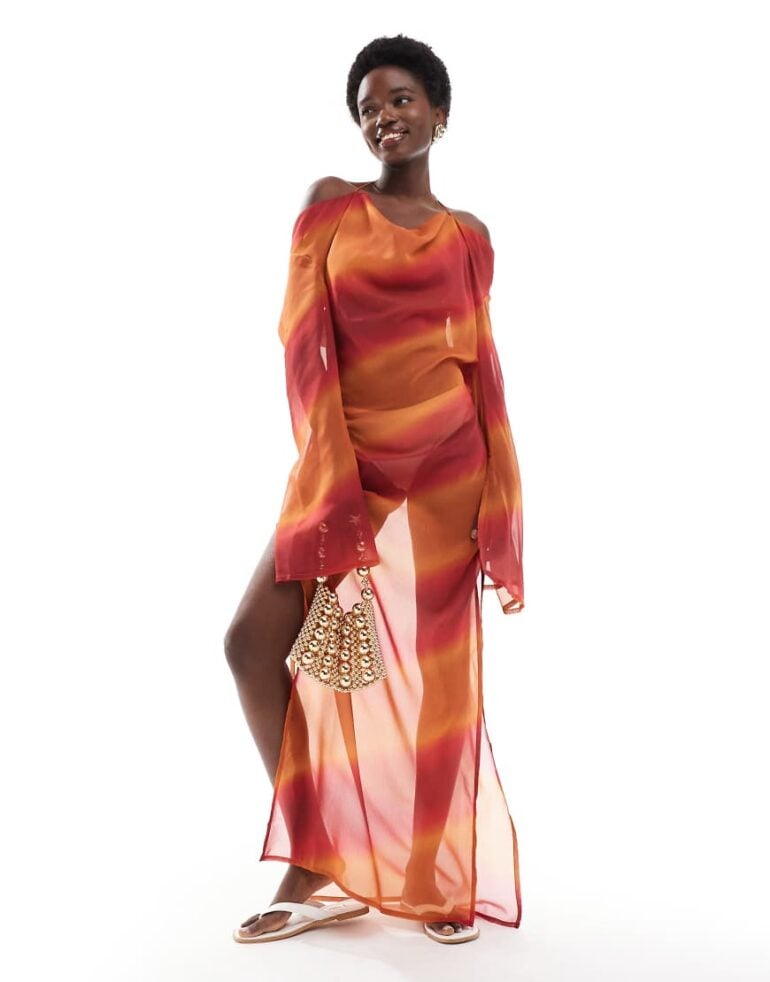Wednesday's Girl ombre cowl front sheer maxi beach dress in orange