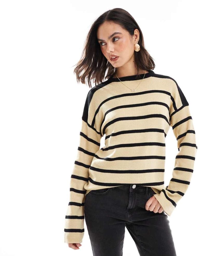 Wednesday's Girl oversized striped jumper in camel and black-Brown