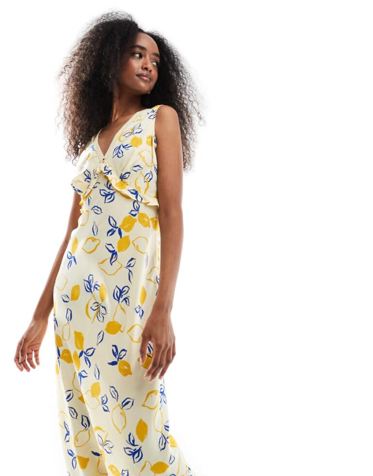 Wednesday's Girl plunge front lemon print midaxi dress in yellow