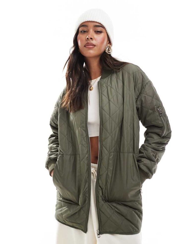 Wednesday's Girl quilted coccoon longline bomber coat in khaki-Green