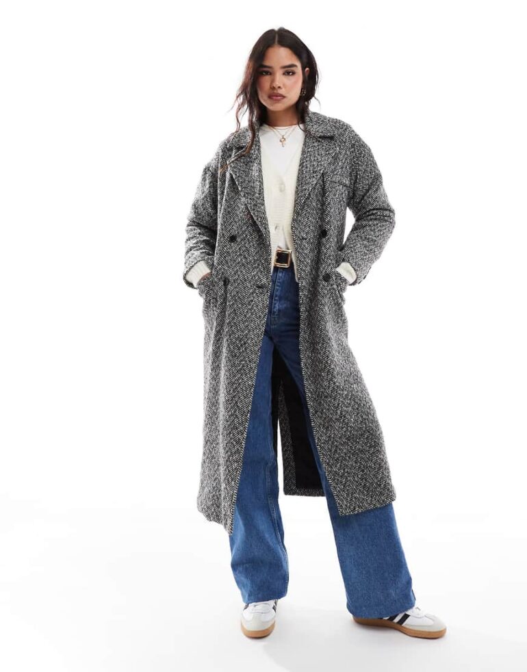 Wednesday's Girl tailored oversized herringbone coat in charcoal grey