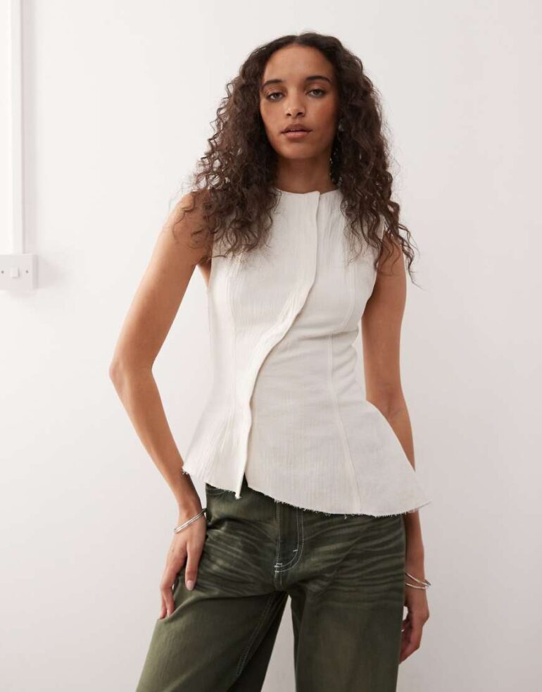 Weekday asymmetric peplum top with concealed buttons in off-white