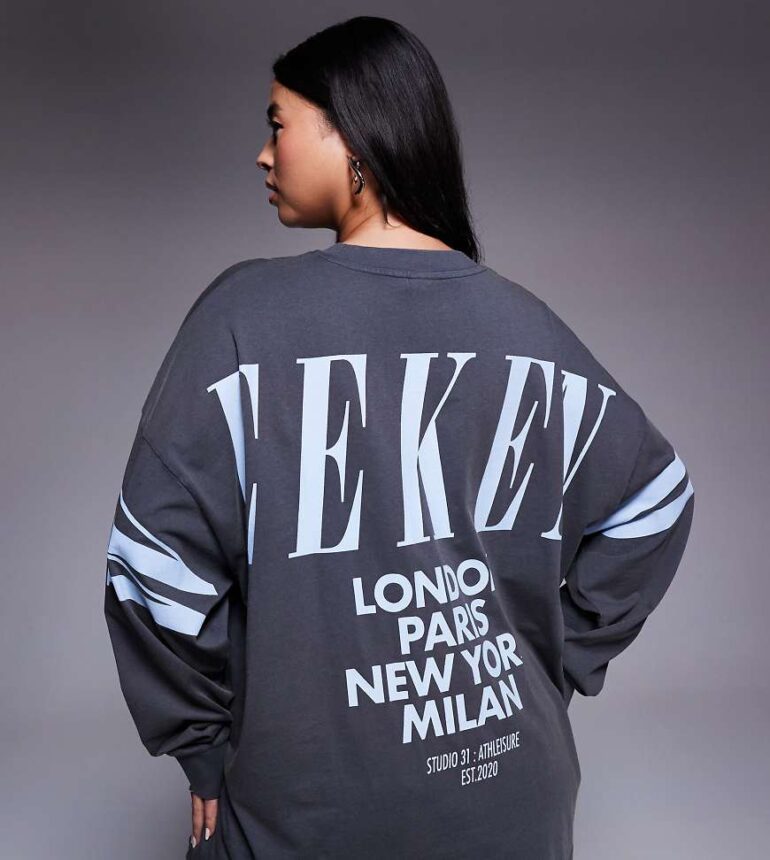 Weekend Collective Curve Icon oversized long sleeve t-shirt with stacked back logo in washed black