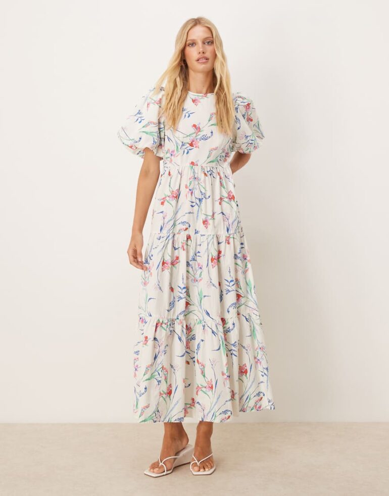 YAS puff sleeve floral midi dress in cream-White