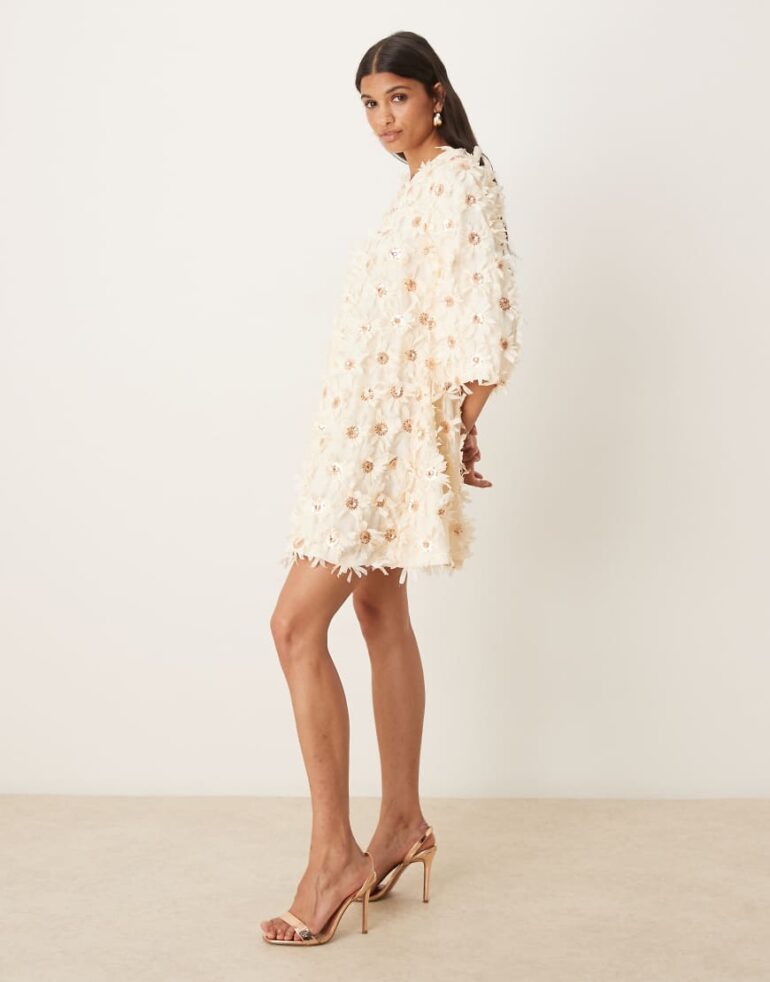 YAS textured smock mini dress with sequin embellishment in cream-White