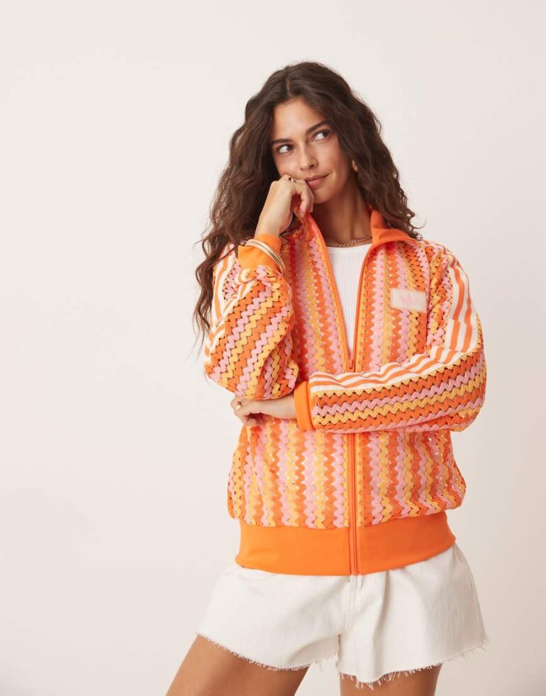 adidas Originals crochet track jacket in pink and orange