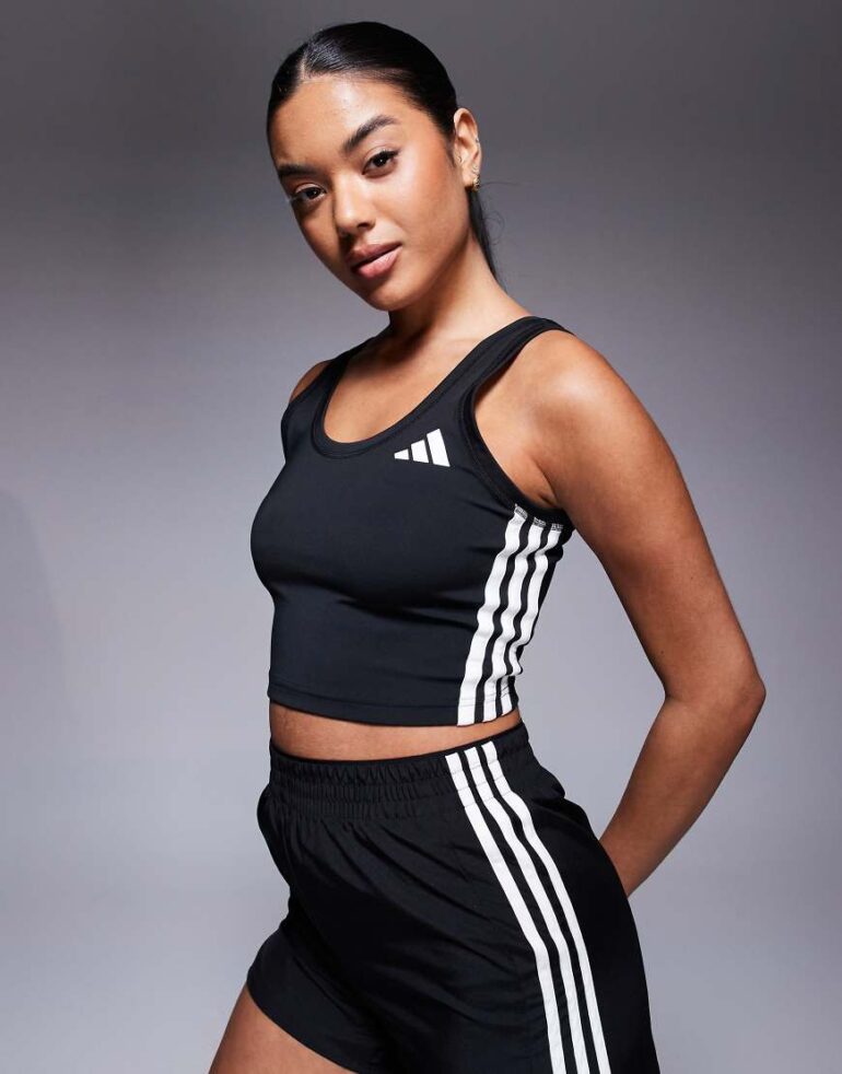 adidas Training 3 stripe cropped tank top in black