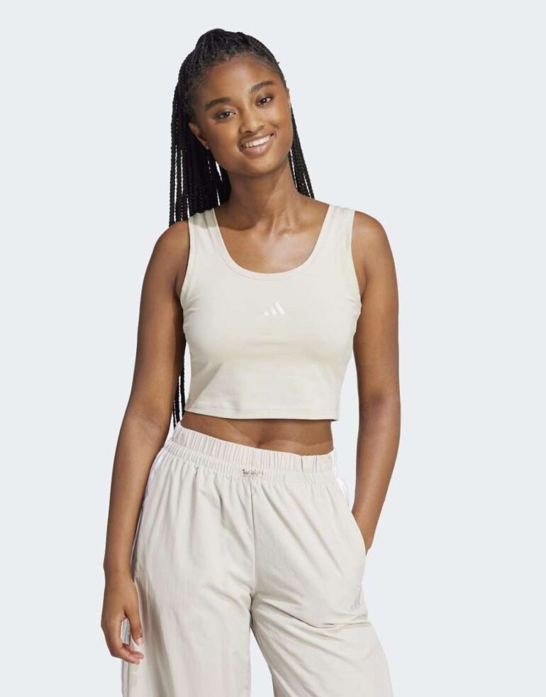 adidas performance Essentials small logo cotton lifestyle tank top in beige / white-Neutral