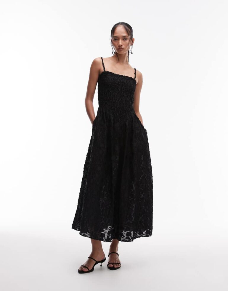 & Other Stories 3D floral midi dress with v drop waist in black