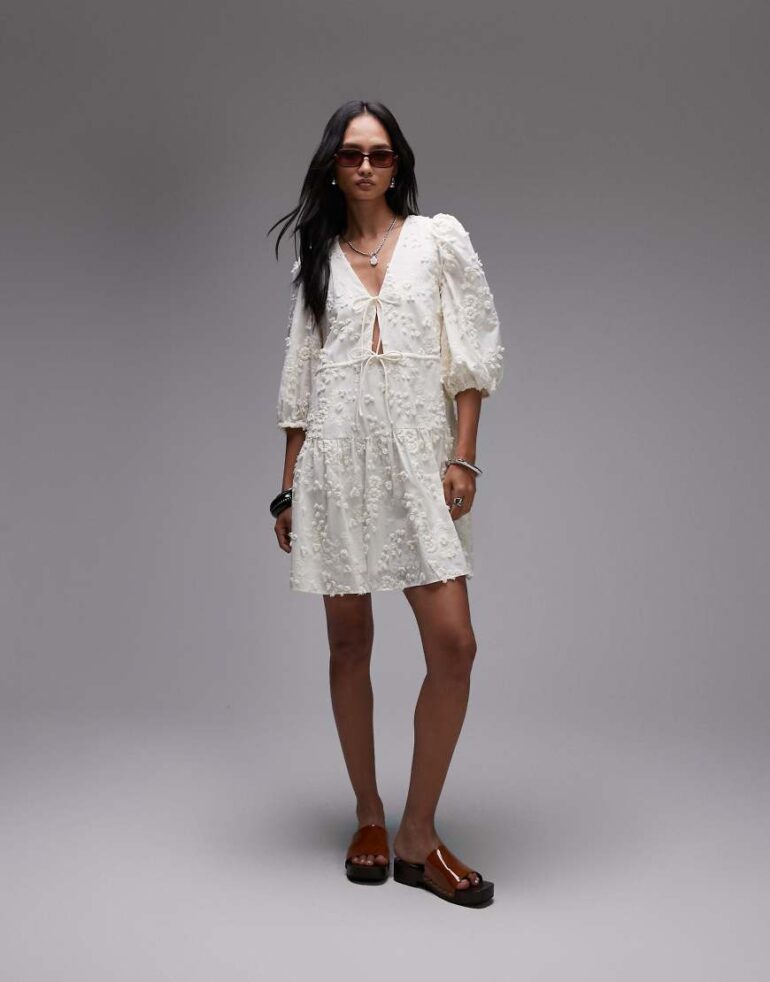 & Other Stories embroidered mini dress with front tie detail and tiered hem in white
