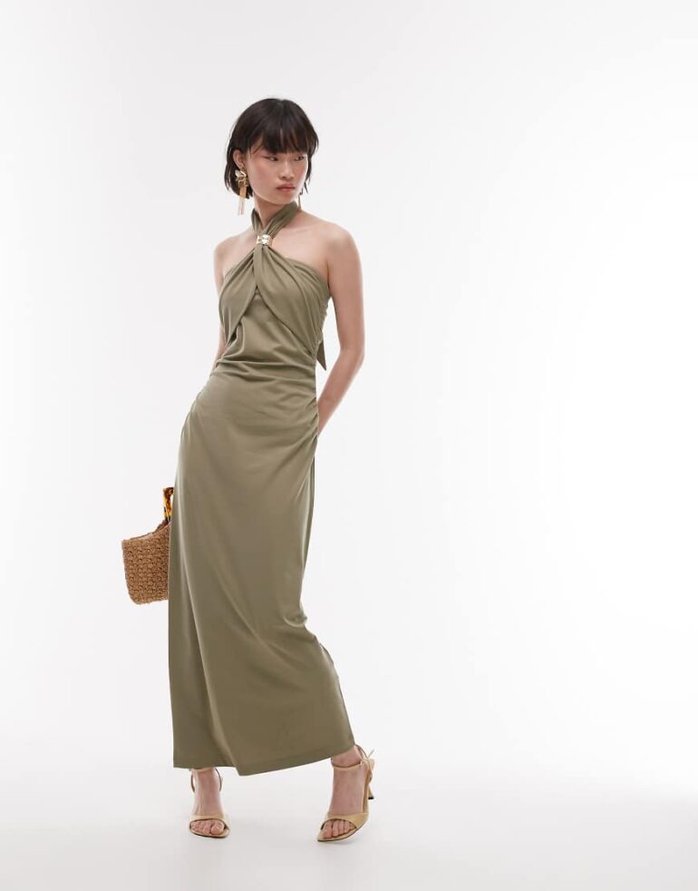 & Other Stories jersey maxi dress with metallic clasp halter neck in khaki-Green