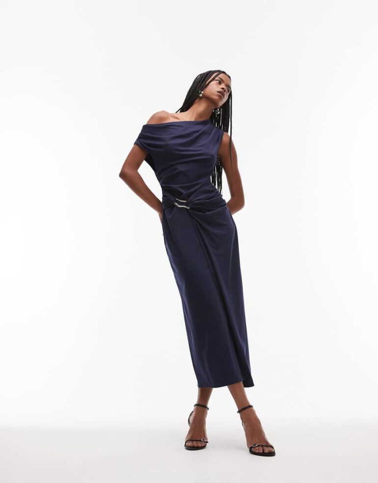 & Other Stories jersey midi dress with drape wrap clasp and asymmetric off shoulder in dark blue