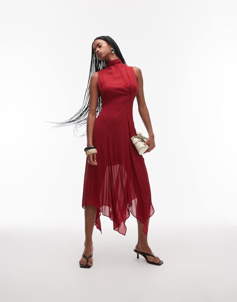 & Other Stories layered sheer chiffon midaxi dress with open tie back and handkerchief hem in red