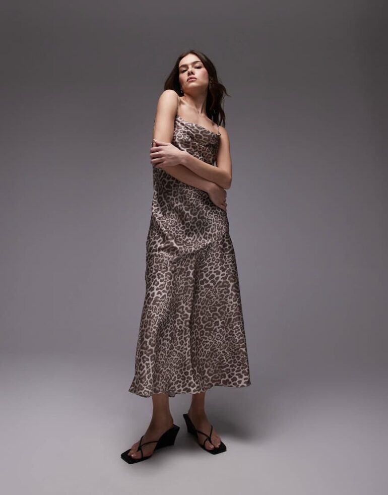 & Other Stories maxi cami slip dress with low back in leopard print-Brown