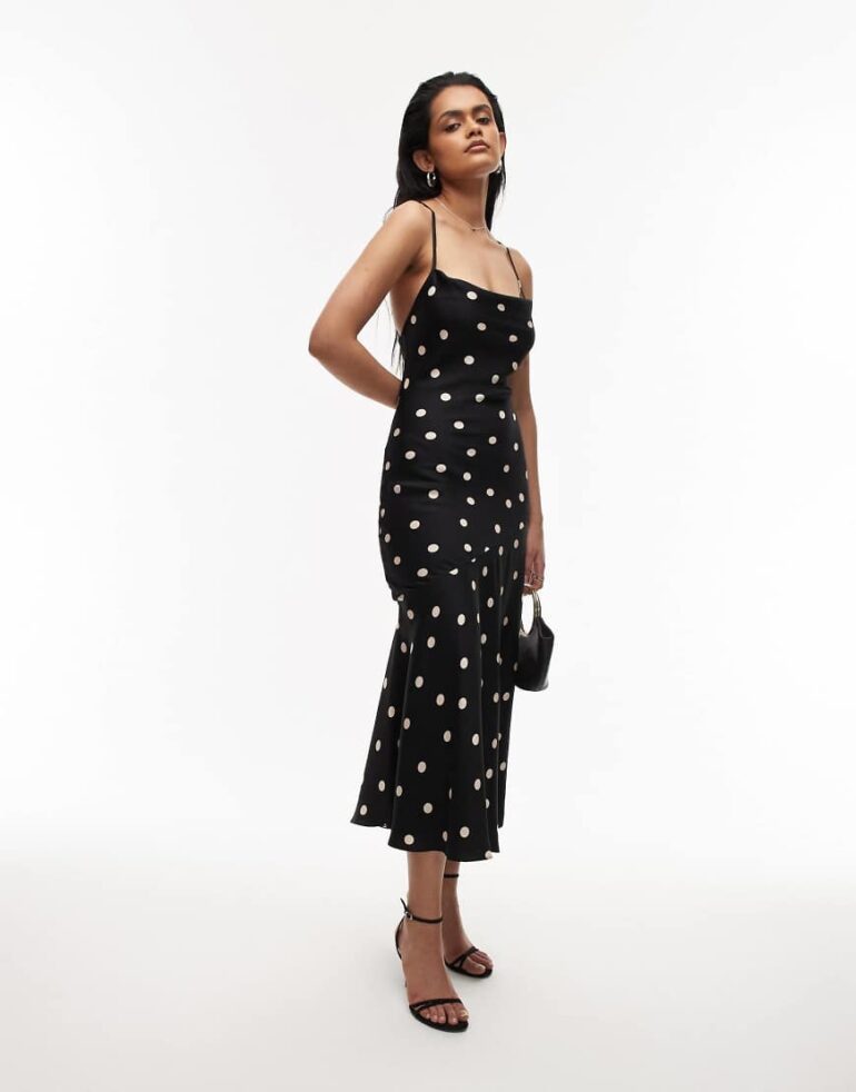 & Other Stories maxi cami slip dress with low back in mono polka spot print-Multi