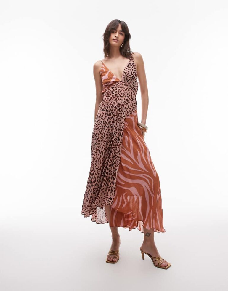 & Other Stories maxi dress with adjustable spaghetti straps and low cowl neck in mixed animal print-Multi